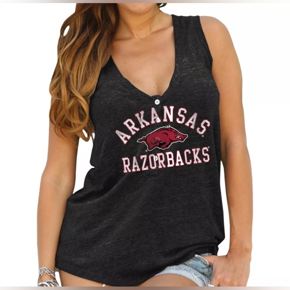 NEW - Retro Brand Black Arkansas Razorbacks Relaxed Henley V-Neck Tri-Blend Tank